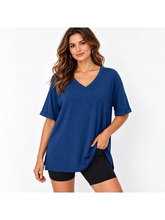 Trendy Queen Tops - Oversized Blue V-Neck Long Sleeve Top 2XL Trendy Queen Relaxed Fit